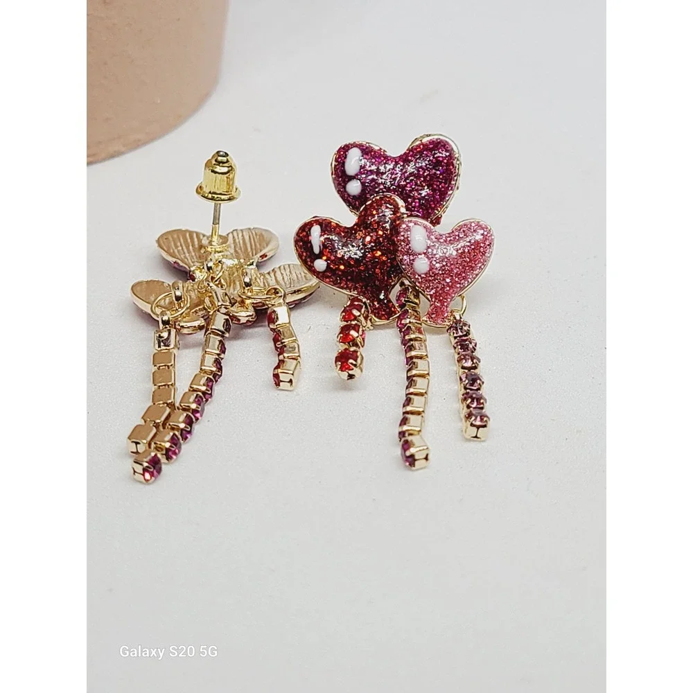 Red Pink Glitter Heart Balloon Drop Earrings Rhinestone Fringe Gold Tone Studs‎